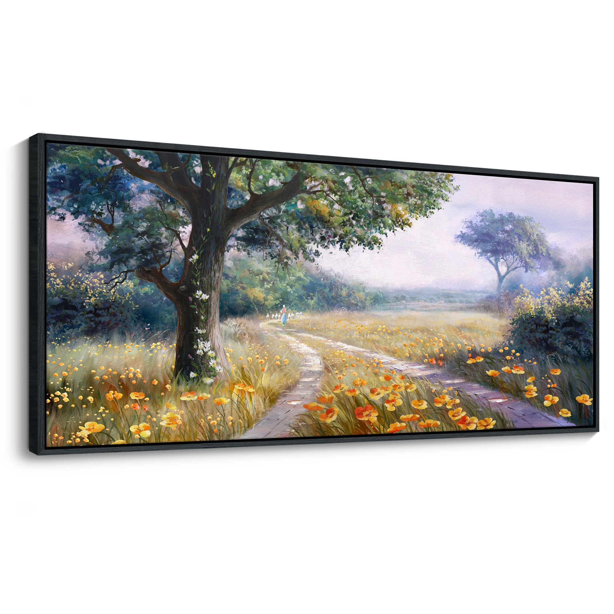 CHATYOUNG Large Landscape Wall Art, Rustic Wildflowers Way Home Yellow Green Pictures Farmhouse Canvas Painting Framed Artwork for Bedroom Living Room Kitchen Home Office Wall Decor 71"x32"