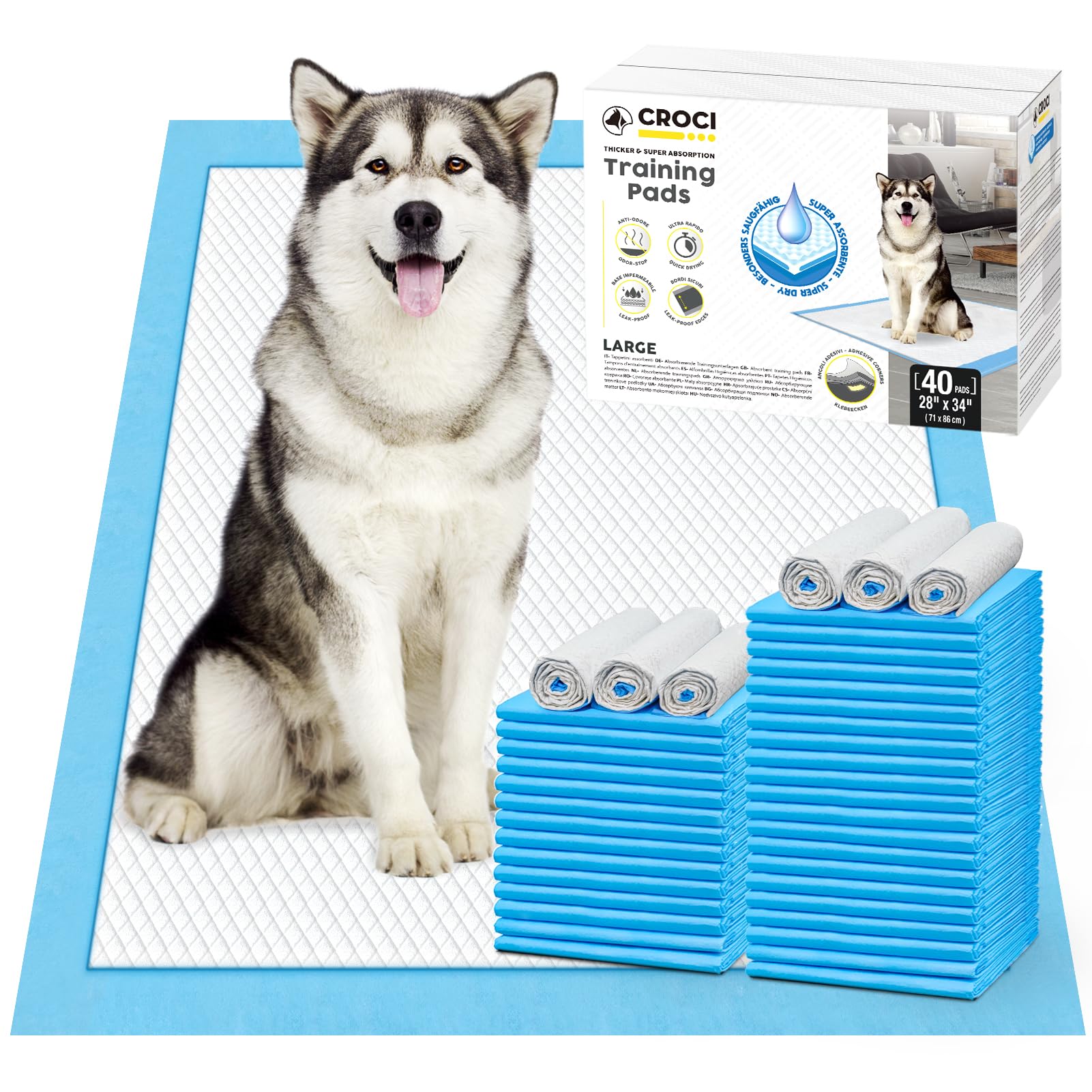 CROCI Wee Wee Pads for Dogs - 28x34in Extra Large Puppy Dog Pads with Adhesive Tabs, Super Absorbent Up to 6 Cups, Disposable (40 Counts)
