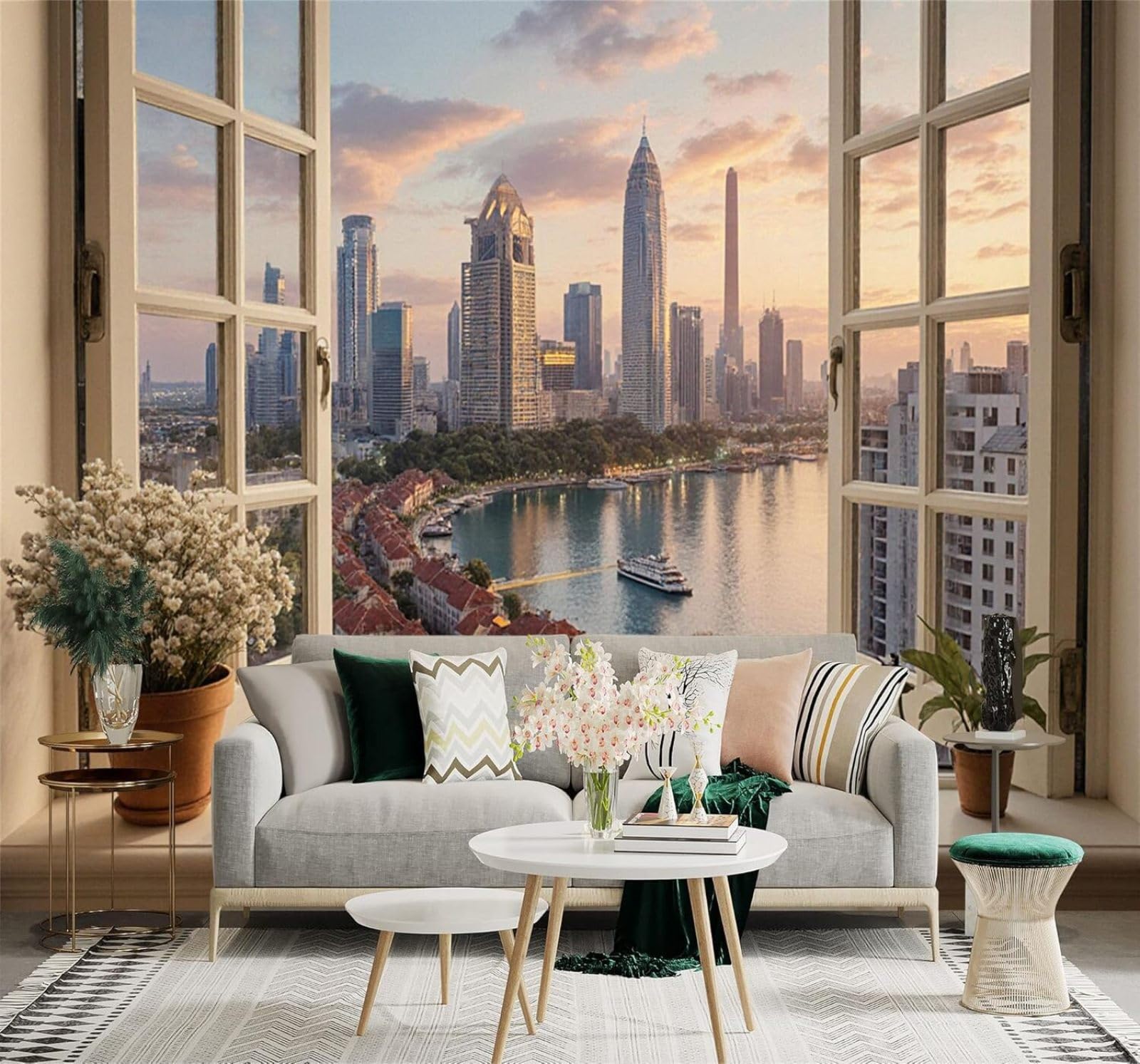 XLMING Window Overlooking The City Sunset Seaside Scenery 3D Wallpaper Premium Textured Silk Study Dining Living Room Bedroom Sofa TV Wall Easy Install-300cm×210cm