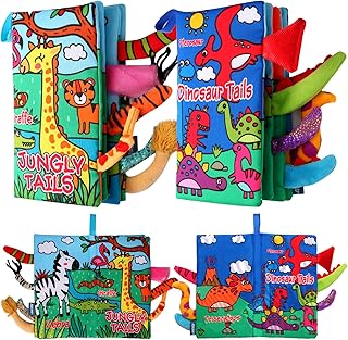 Baby Books 3-6Months ,Touch Feel Crinkle Cloth Books for Babies 6-12 Months ,Sensory Baby Toys for Toddler 12-18 Months, Infant Tummy Time Toys,Stroller Toy Gift for Boys Girls,2 PCS Jungle Tail Book