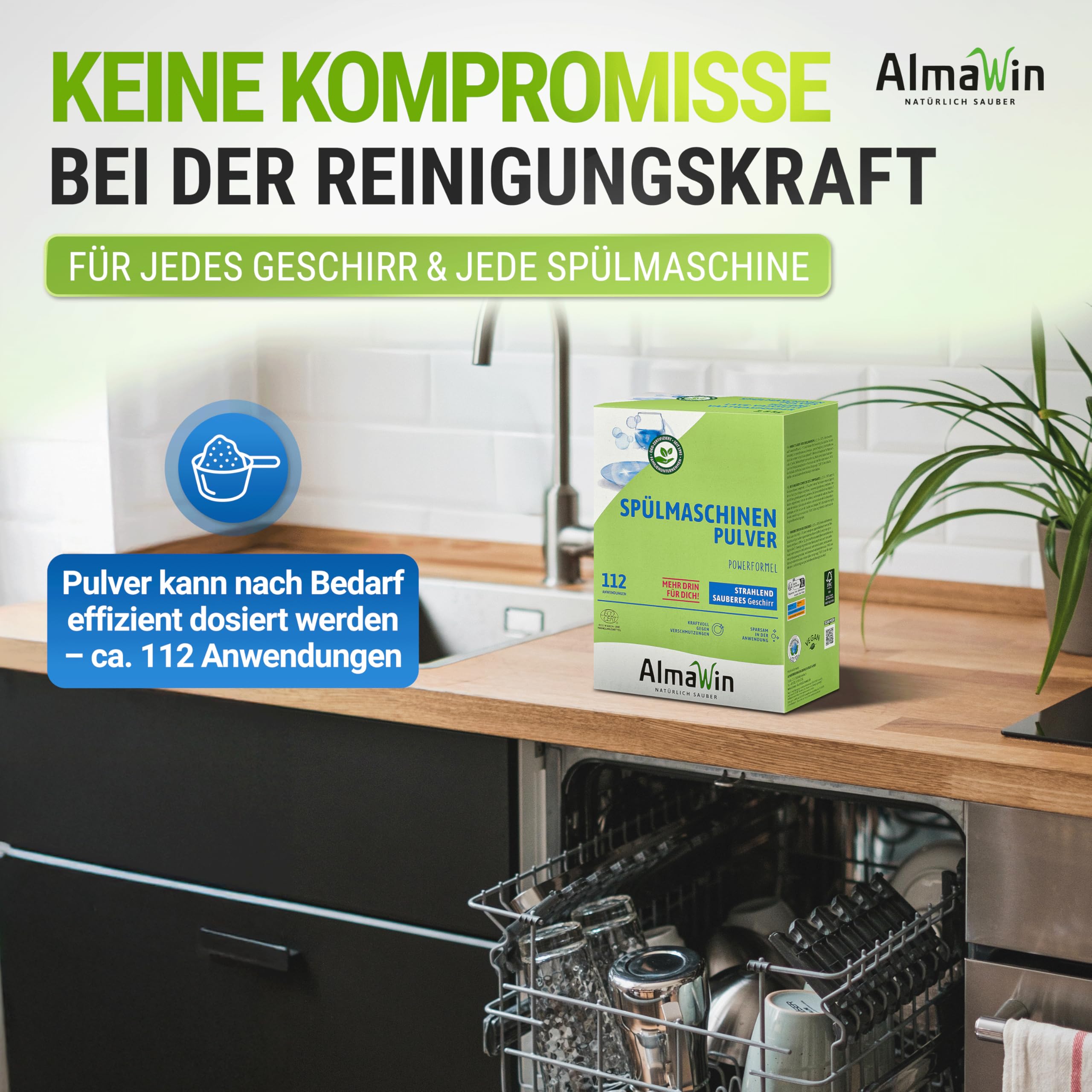 AlmaWin® Spülmaschinen Pulver mit Powerformel für strahlend sauberes Geschirr [4x 2,8kg - 448 Anwendungen] - Kraftvolles Geschirrspülmittel Pulver - Ohne Phosphate, Öko & VEGAN, Dishwasher Powder