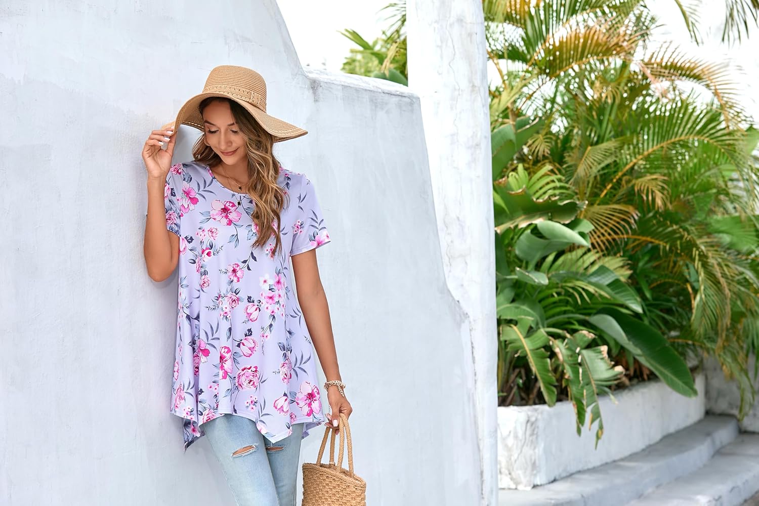 ENMAIN Tunic Tops for Women Plus Size Short Sleeve Top Loose Fit Dressy Casual Swing Summer Tunics Tops to Wear with Leggings - Image 2