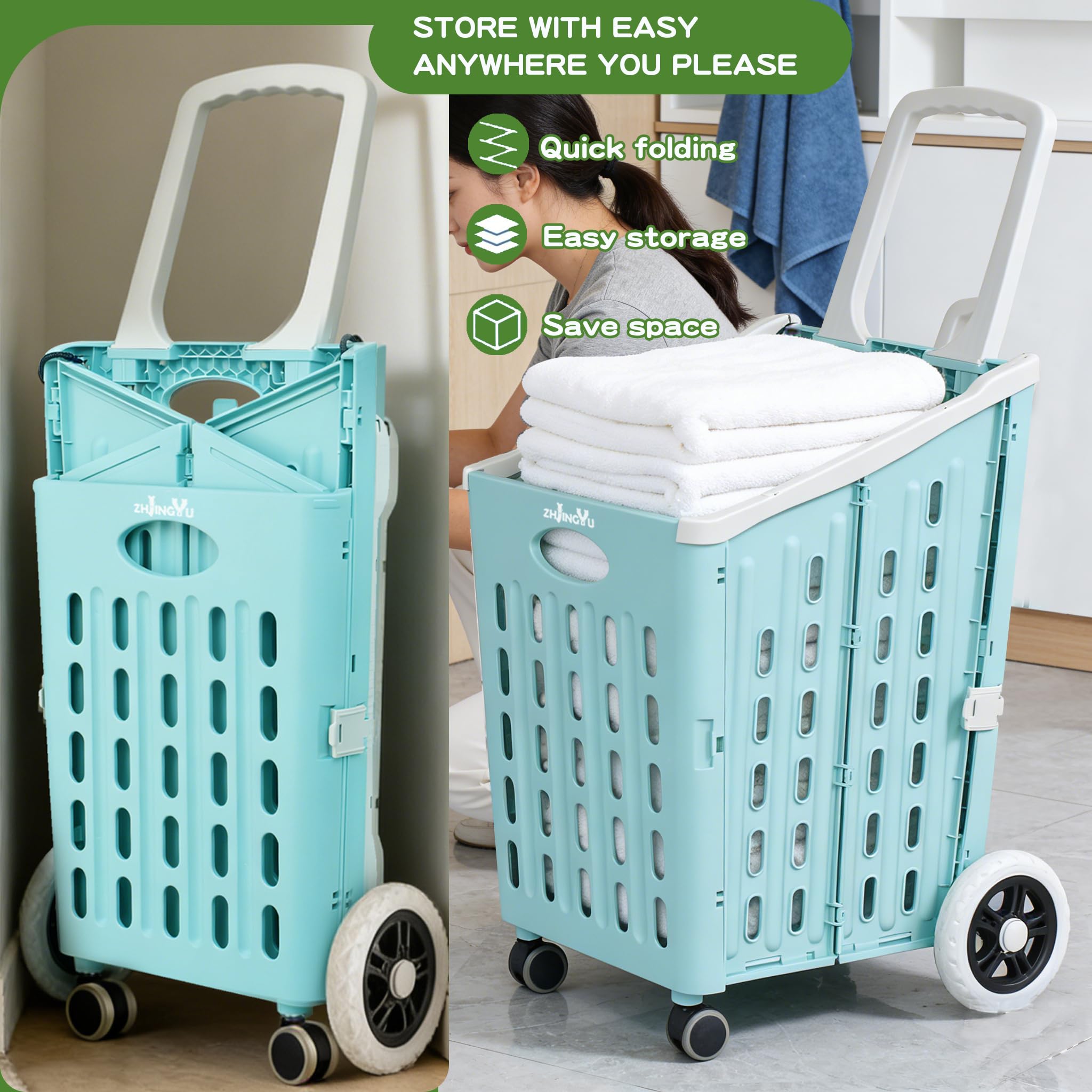 ZHJINGYU Carrello Spesa 75L - Carrello Spesa Pieghevole con 4 Ruote - Carrello Portaspesa Verticale per Bagagliaio Auto (Blu)
