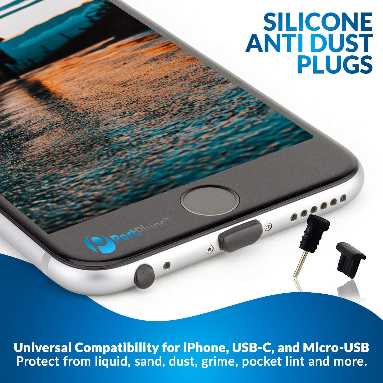 PortPlugs Universal Dust Plug Set (10 Pairs) + 9 Piece Cell Phone Cleaning Kit, Compatible with All iPhone, USB C, Micro USB Android, Tablets, Charging Port Covers and Headphone Jack Plugs (Black)
