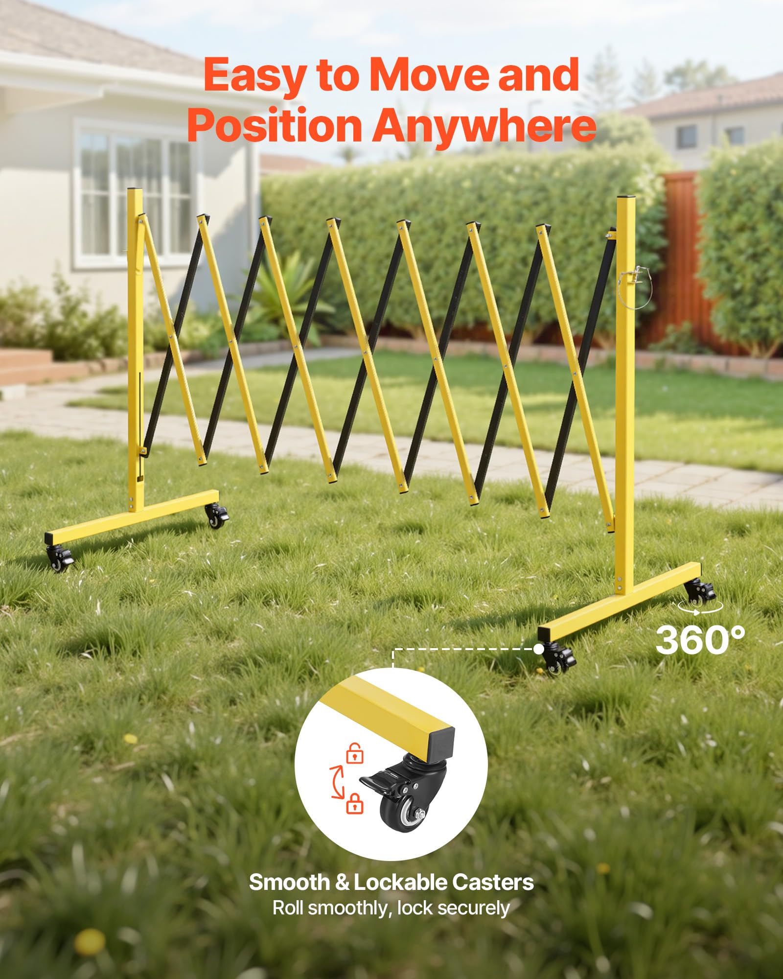 VEVOR Barricada Extensible de 3,82 m, Barrera de Seguridad Plegable con Ruedas y Frenos, Valla Metálica Portátil, Aluminio, para Uso Industrial Construcción Control de Espacios, Color Negro Amarillo