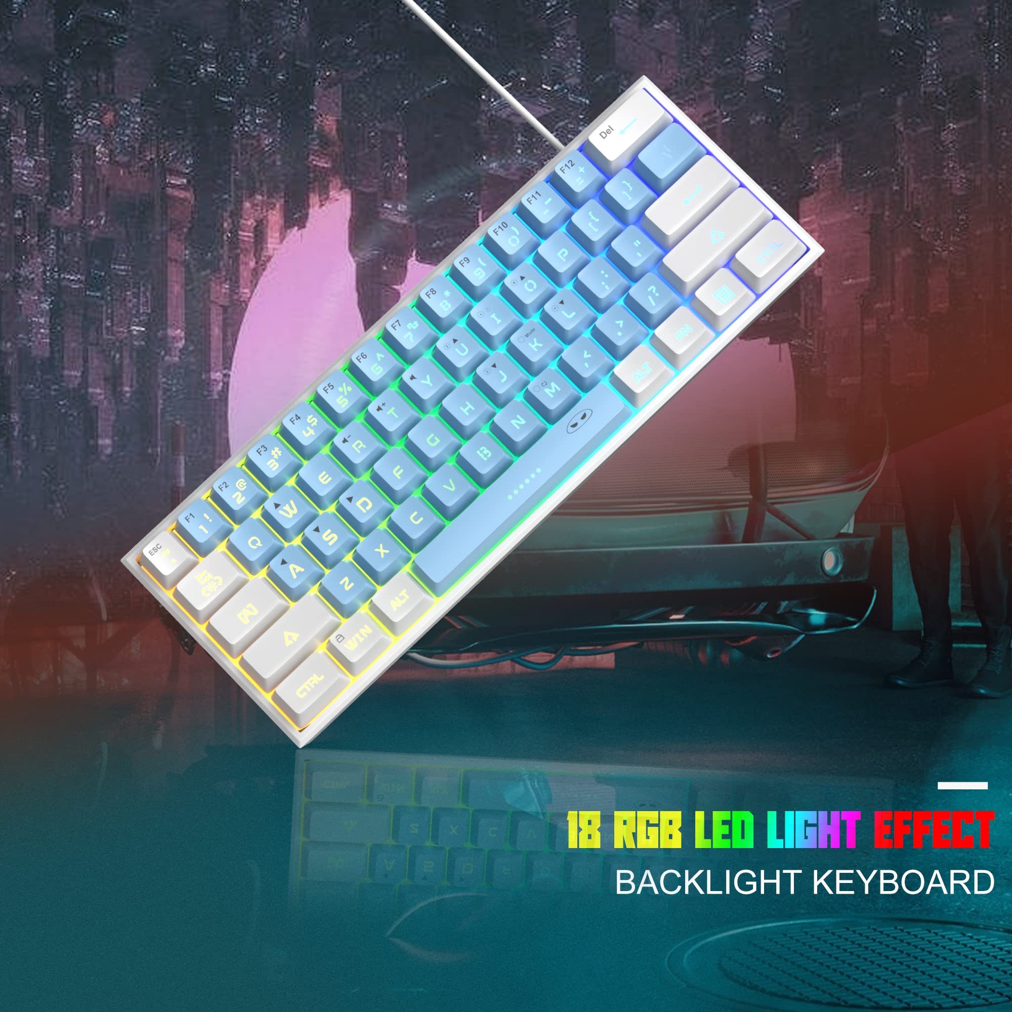 MageGee TS91 Ergonomic Waterproof Mechanical Feeling Office Computer Keyboard Mini 60% Gaming Keyboard,RGB Backlit 61 Key Ultra-Compact Keyboard, for Pc,Mac,Ps4,Xbox One Gamer,USB-C(White&Blue) 3