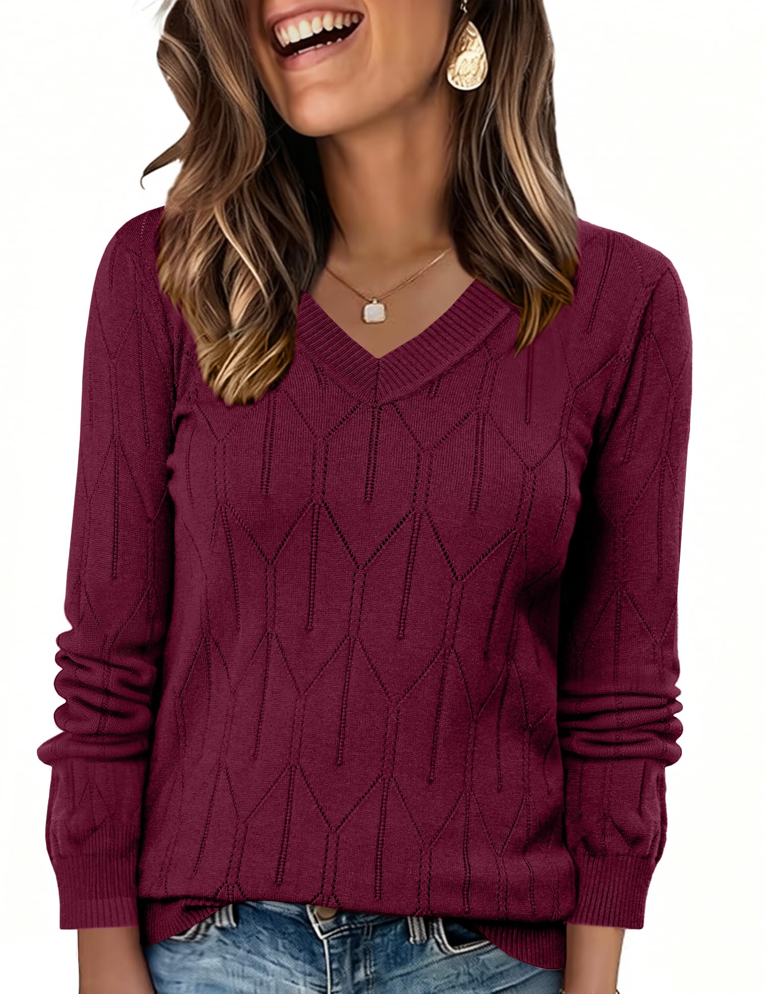 AKEWEI Fall Sweaters for Women 2025 V Neck Long Sleeve Pullover Crochet Dressy Casual Tops