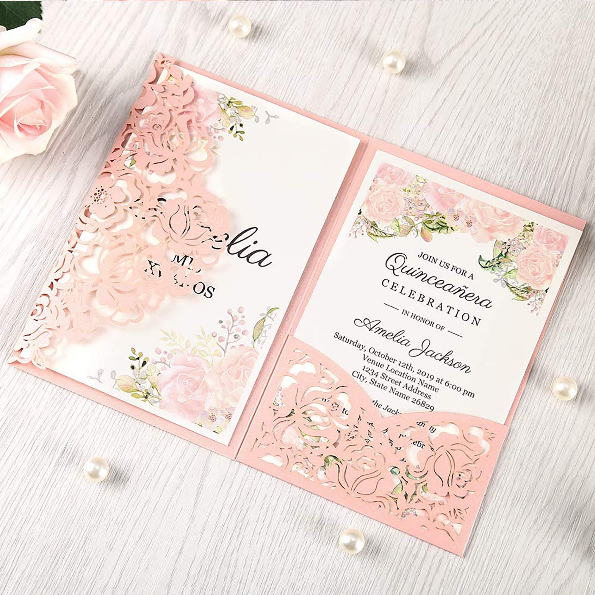 DORISHOME 4.7x7 Inch 50PCS Blank Pink Quinceanera Invitations Kit Laser