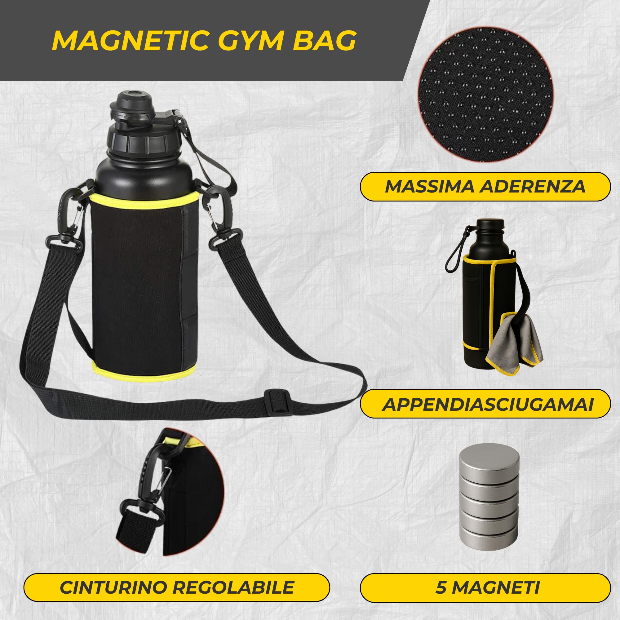 Borsa Magnetica Palestra | Borsetta Magnetica Palestra | Snapfit magnetic bag | custodia termica in neoprene per bottiglia d’acqua con tracolla e porta cellulare, compatibile con tutti i formati.