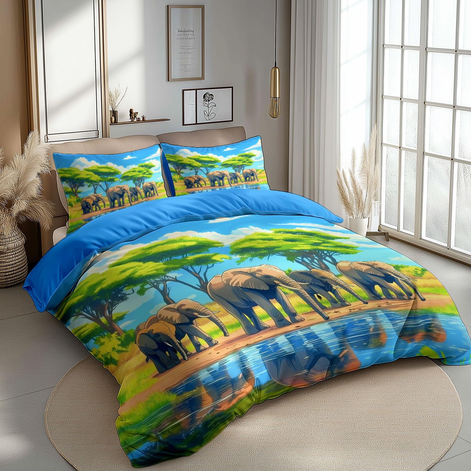 Juego de Funda Nórdica Cepillado Cama 105-200 x 200 cm Animal De Pradera Elefante, Ropa de Cama Reversible y Acogedora Azul Celeste, Fundas de Edredón Dormitorios de Niños