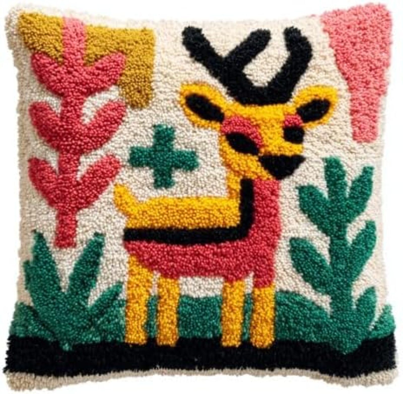 kitphoenix Latch Hook Kit for Adults Beginners,Antelope On Grassland,DIY Cushion Cover Craft Kit,Pre-Printed Rug Making Embroidery Crochet Kit with Yarn & Hook,43x43 cm Pillow Cover Making Set