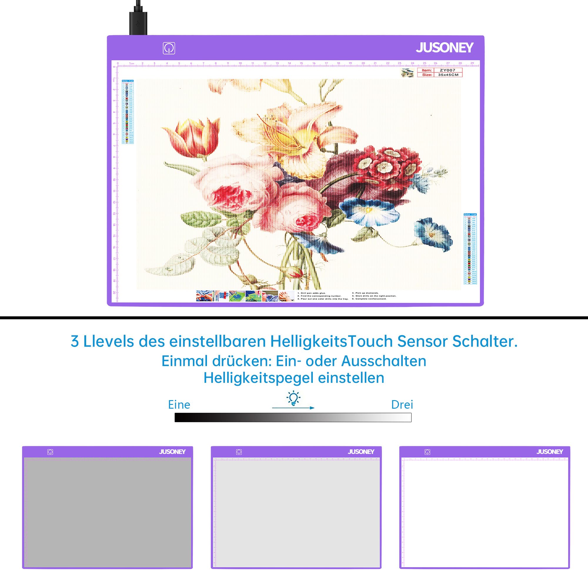 JUSONEY Diamond Painting Pudełka do przechowywania, 1 Diamond Painting A4 Tracing Lightpad z 3 Jasnością 80 gniazd Koraliki Przechowywanie z 5D Diamond Painting Akcesoria i zestaw narzędzi, fioletowy