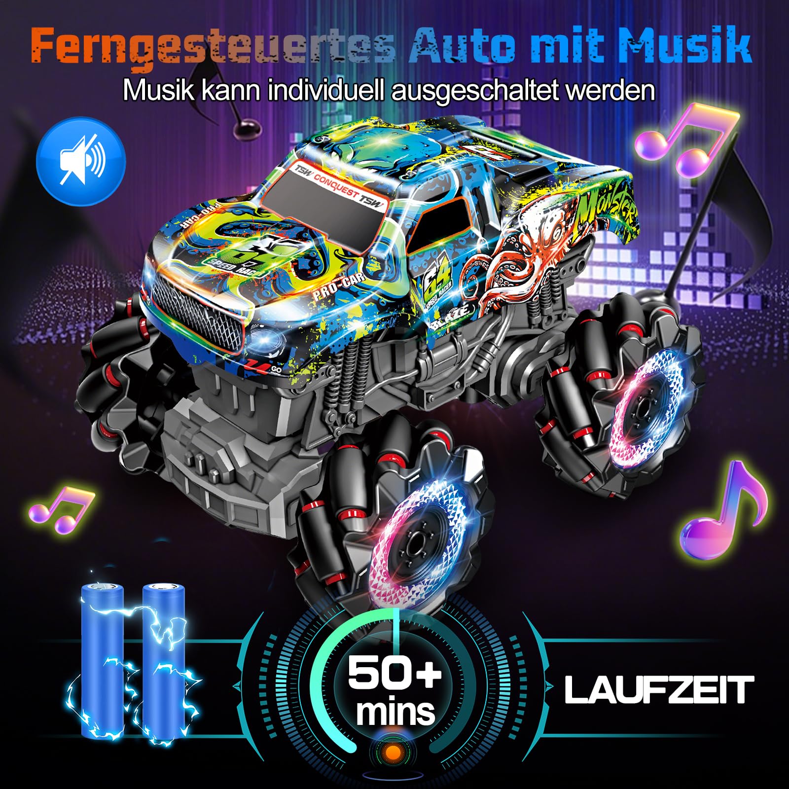 Monster Truck z podświetlanymi oponami i muzyką, 2,4 GHz, obrót o 360°, ciężarówka Monster Truck 1/20 z 2 bateriami, 50 min autonomii, samochód zdalnie sterowany od 3, 4, 5, 6, 7, 8