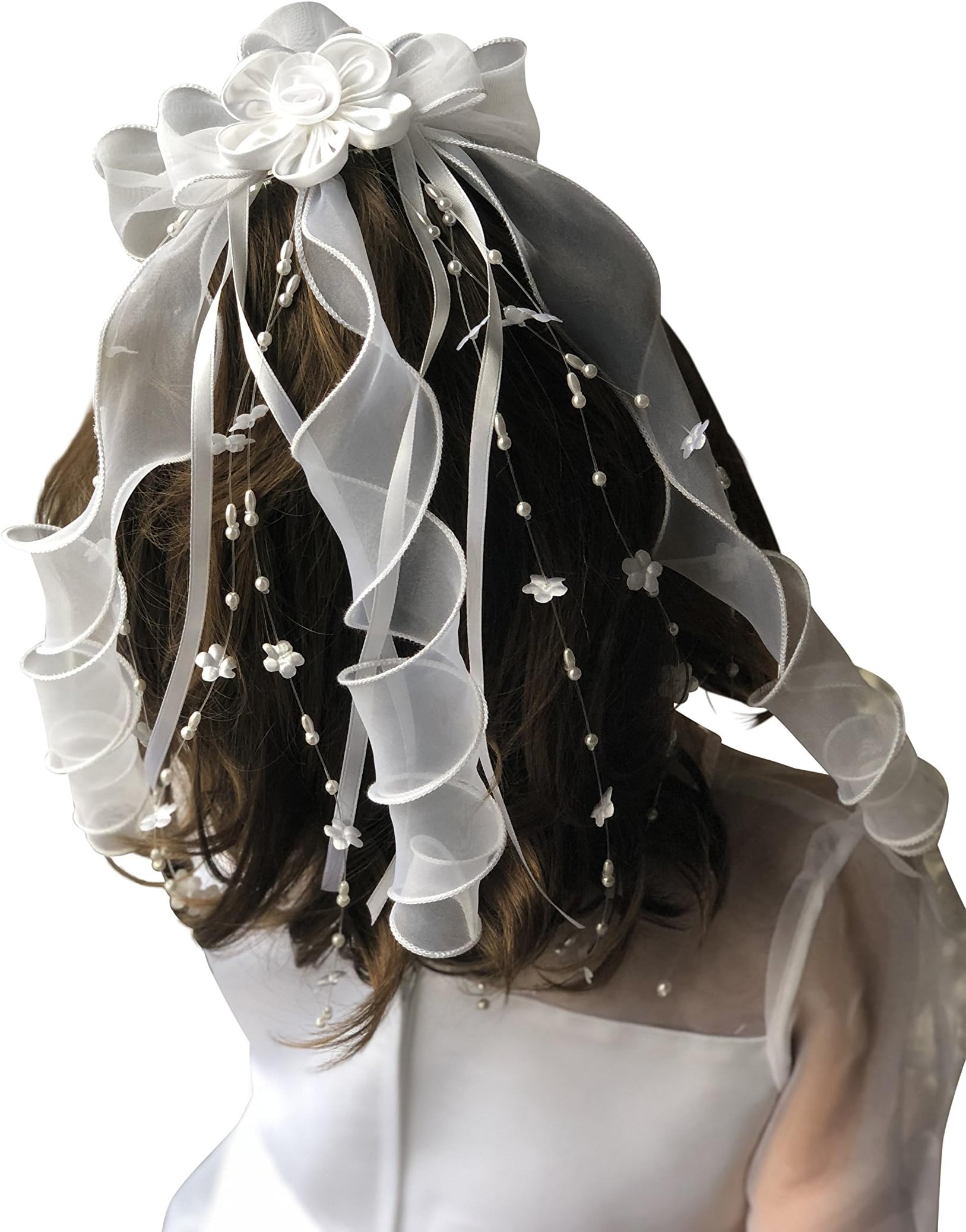 VGIWhite First Communion Veil with White Floral Ribbon and Pearl Accent | One Size Fits All | Easy to Wear and Ready to Wear Out of the Box | Comes with Storage Box