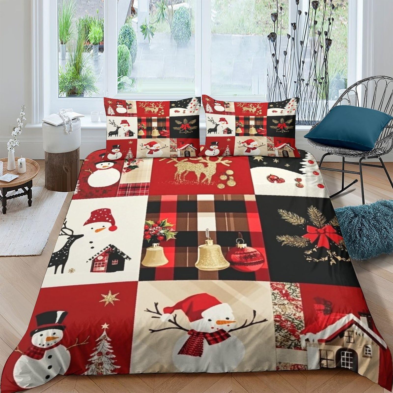 Ctjqhvkz Style-4 3D Printed Christmas Snowman Fitted Sheet Microfiber Red Plaid Bell Mattress Cover For Bedroom Guest Room Festive Decor Single（135X200cm）