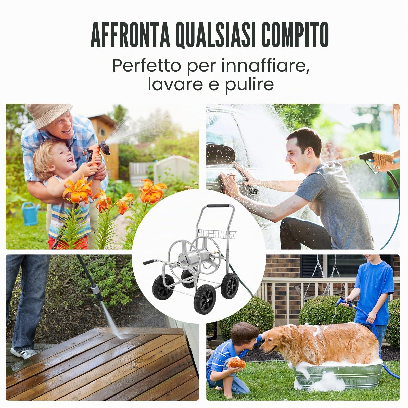 VEVOR Carrello avvolgitubo, può contenere fino a 250 piedi di tubo da 5/8", carrelli per tubi dell'acqua da giardino, strumenti mobili con 4 ruote, piantagione da esterno in acciaio verniciato a polve