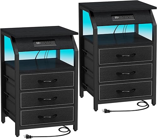 Miniatura 1 de Juego de 2 mesas auxiliares, mesitas de noche con estación de carga y luces LED, 3 cajones de tela, mesas auxiliares de almacenamiento para mesita