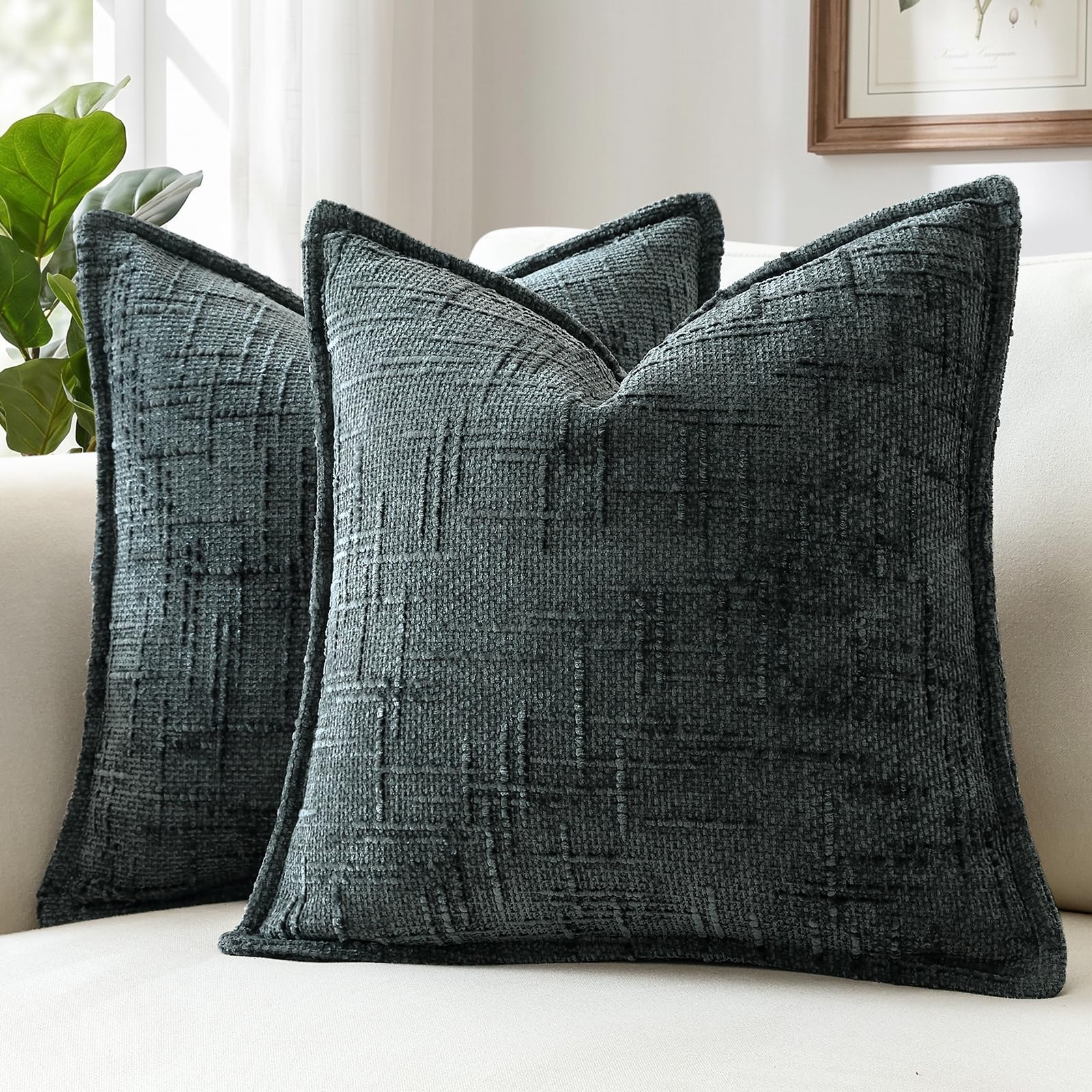 Sungeek Pack of 2 Dark Grey Chenille Textured Decorative Cushion Covers, Soft Cozy Bound Edge Design Cushion Case, Solid Farmhouse Square Pillow Case for Couch Sofa Bed Living Room, 50x50cm