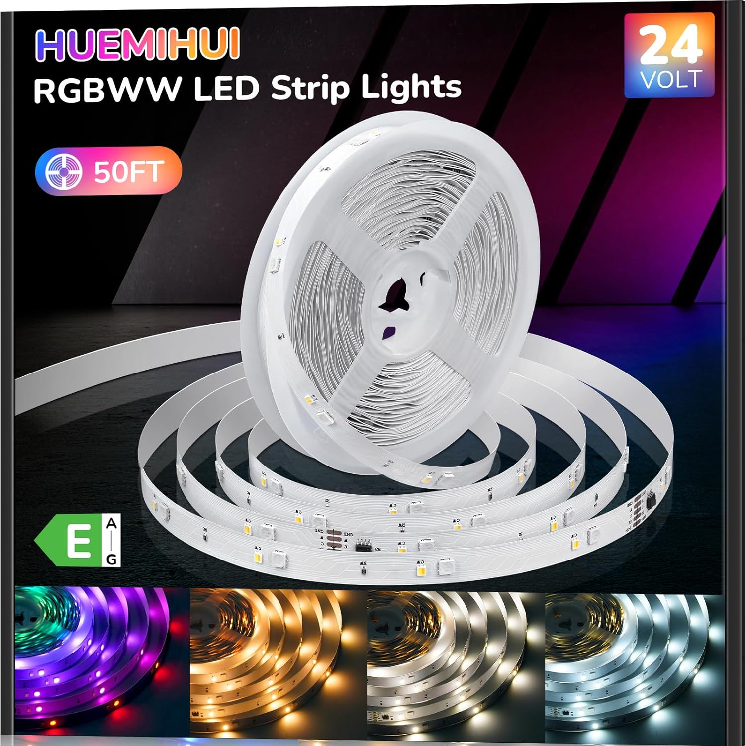50Ft RGBWW+IC LED Strip Lights,Dimmable Multi-Colored+3000K-6500K LED Lights with Remote,Self-Adhesive Color Changing RGB Tape Lights,24V Cuttable DIY Light Strip for Home Bedroom Stair-50Ft
