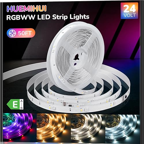 Miniatura 7 de Tira de luces LED RGBWW+IC de 50 pies, regulable, multicolor, 3000K-6500K luces LED con control remoto, cinta de luces RGB autoadhesivas que cambian