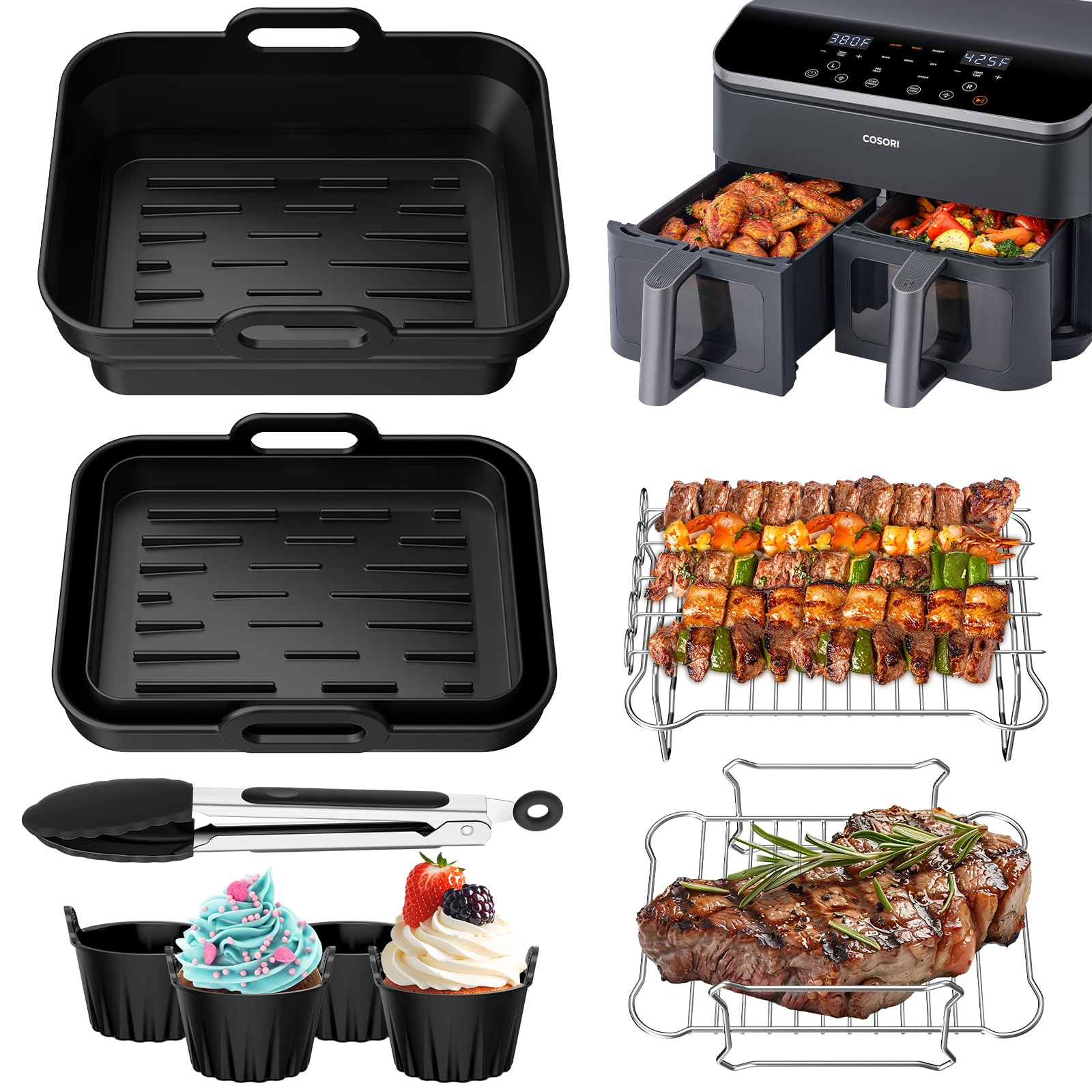 9 Stück Heißluftfritteuse Zubehör für COSORI Dual Blaze 2 Kammern 8,5L,Dual Zone Airfryer Zubehör für COSORI Dual Blaze TwinFry XXL 10L Inklusive Grillrost und Silikonform Wiederverwendbares