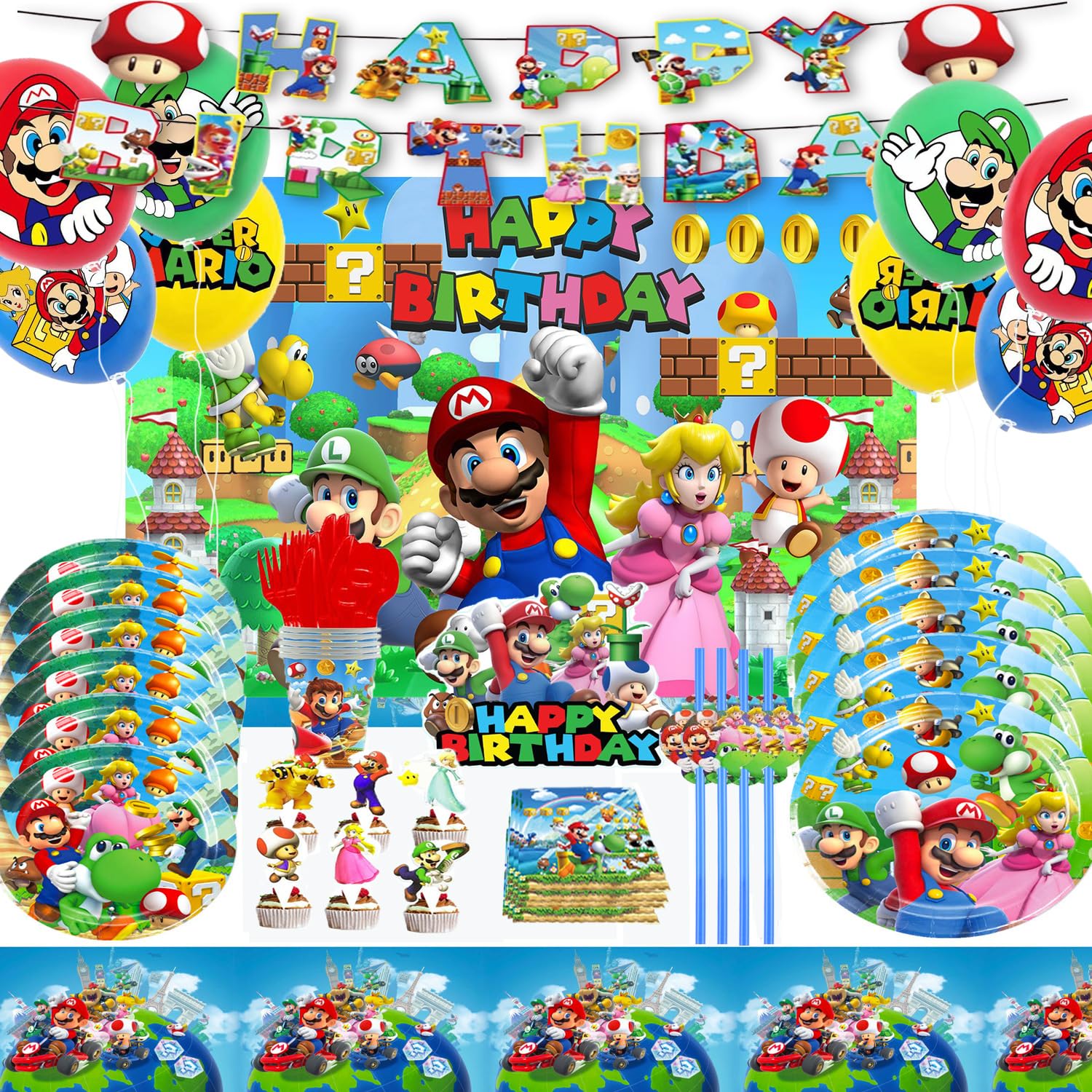 Photo 1 of ***MISSING PIECES/***Super Bros Themed Party Decorations, Birthday Party Supplies Decorations Set-Plates Napkins Tablecloth Banners Fork etc for 10 Guests Kids Birthday (Set C)