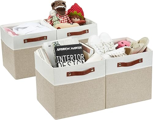 DECOMOMO Kallax - Cubos de almacenamiento de 13 x 15 x 13 pulgadas, cestas para organizar estantes (color beige y blanco, paquete de 4)