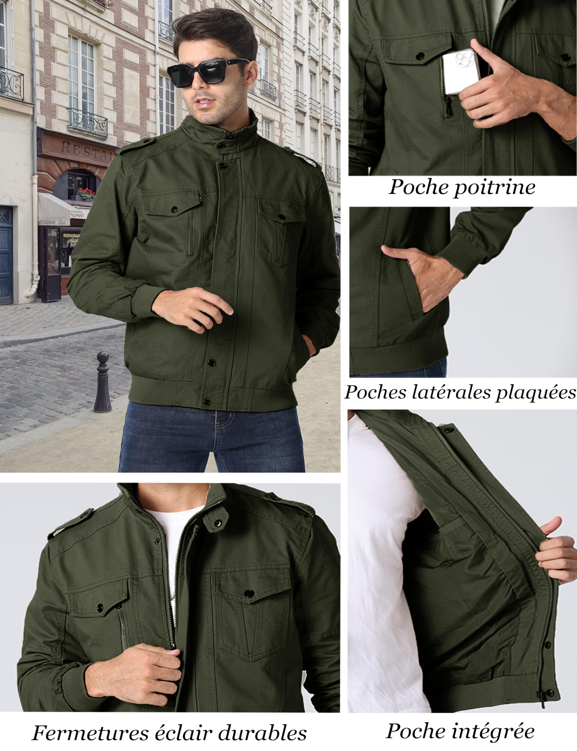 MAGCOMSEN Blouson Cargo Militaire pour Hommes Léger Coupe-vent en Coton Décontracté Mi-saison avec Col Rabattu Zippe et Multipoches