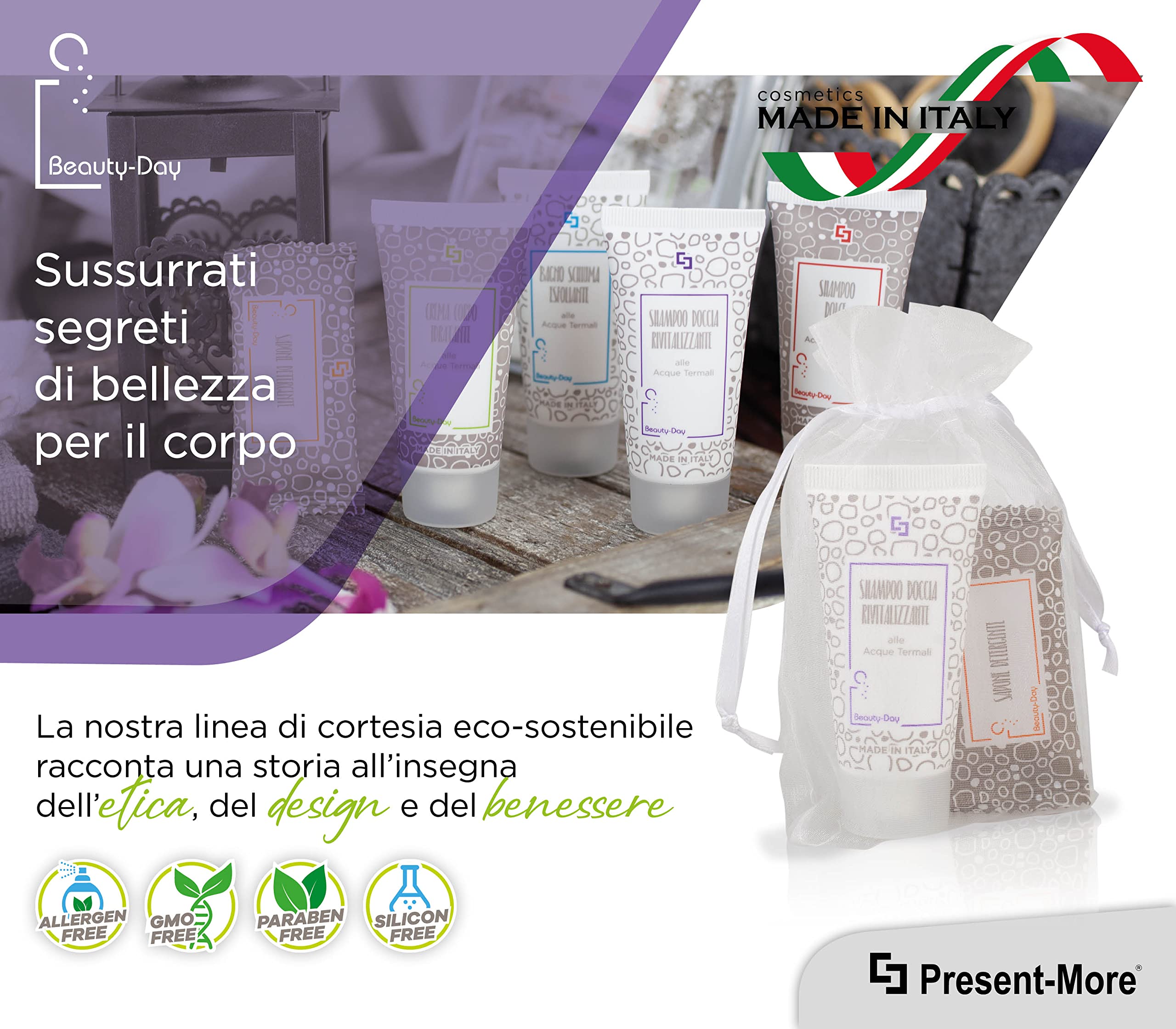 PRESENT-MORE - Set Cortesia 15 Ospiti Beauty-Day Italy - Fragranza Ylang Ylang - Contiene: Shampoo Doccia, Sapone e Cuffia - Made in Italy - Per Hotel e B&B