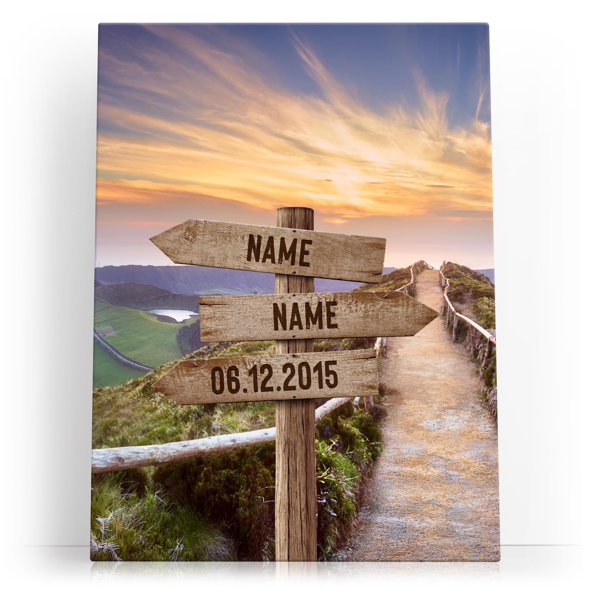 Liebesleinwand Leinwandbild personalisiert | Leinwand gestalten mit Namen und Datum Geschenk für Partner | Wegweiser zur Aussicht