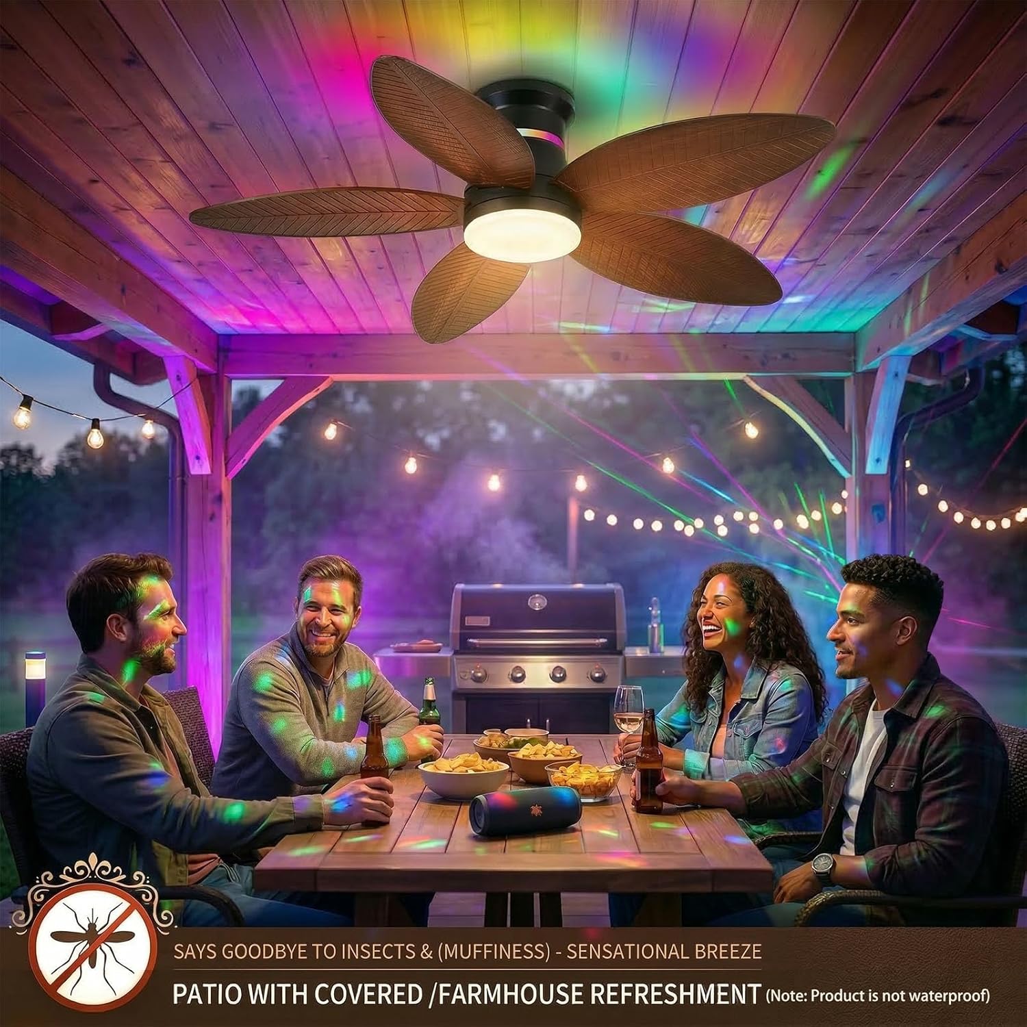 Tropical Palm Leaf RGB Ceiling Fans with Lights 46”, Brown Flush Mount Ceiling Fan with Light and Remote, 3CCT Dimmable LED&&Side RGB Light, Reversible 6 Speeds, Quite Low Profile Ceiling Fan Party