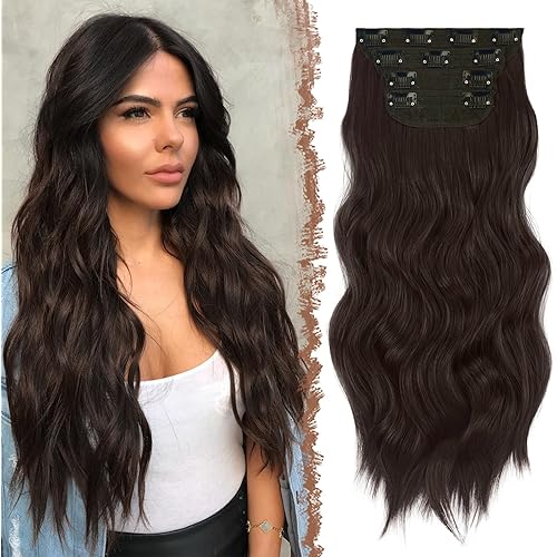 FESHFEN Clip in Hair Extensions - 4 PCS Long Wavy Thick Clip in Hairpieces Full Head Synthetic Hair Extension for Women, Dark Brown 20 Inch