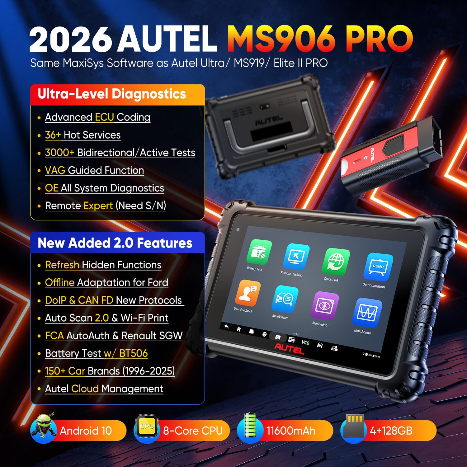 Autel 2026 MaxiSYS MS906 Pro 2.0 Diagnosis, Escáner OBD2 MS906PRO Actualización de MP900BT MS906BT MS908, Codificación ECU, 3000+ Pruebas, 36+ Servicios, Can FD DoIP, Guía VAG, AutoScan 2.0, OS10
