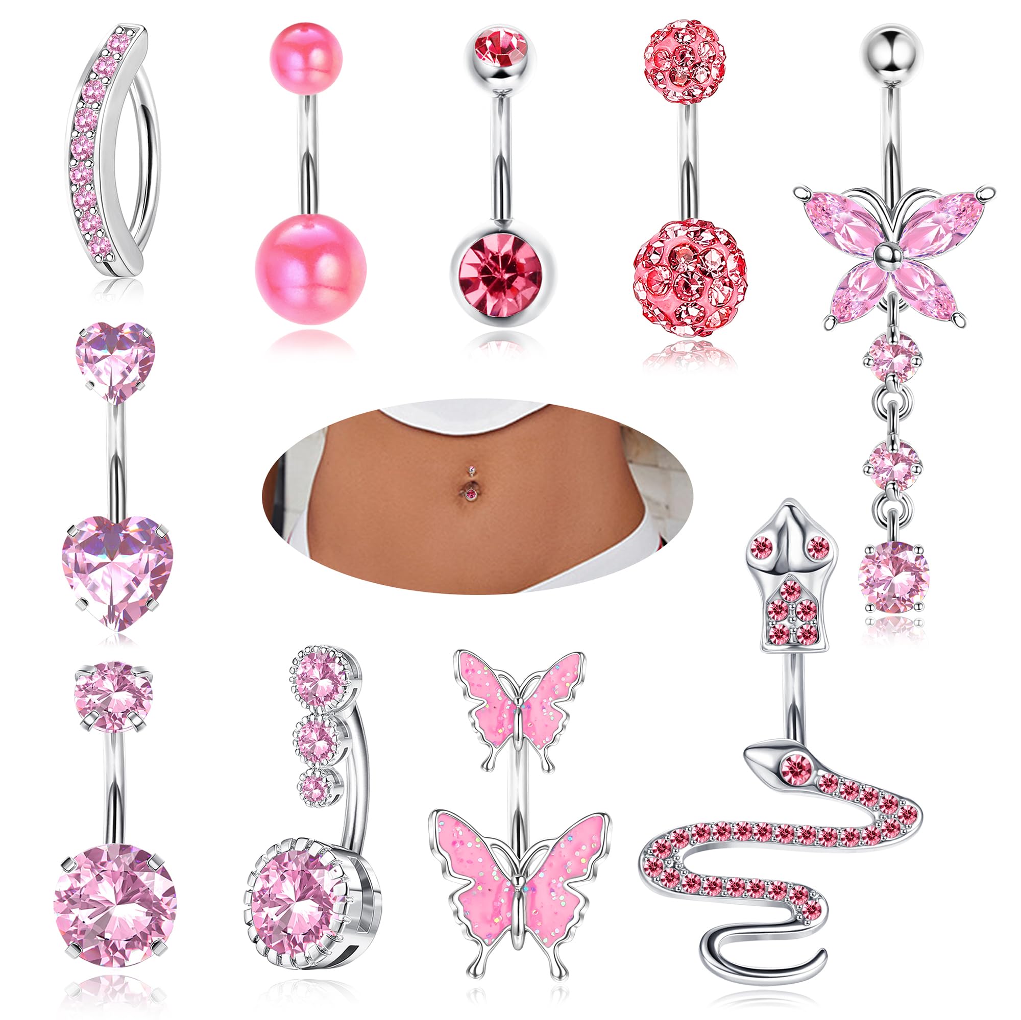 YADOCA10Pcs 14G Piercing Ombligo para Mujeres Acero Quirúrgico Rosa Azul CZ Mariposa Serpiente Clicker Anillos Ombligo Piercing Set Body Piercing Joyería