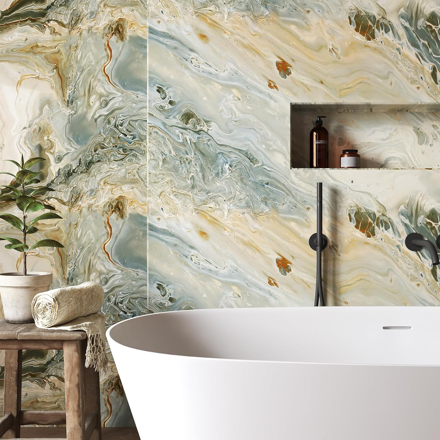 VaryStyle Abstract Liquid Marble Countertop Contact Paper Peel and Stick for Kitchen Waterproof Thick Blue Gold Marble Wallpaper Removable Counter Top Covers Vinyl Wrap for Bathroom Table 15.7"x118"