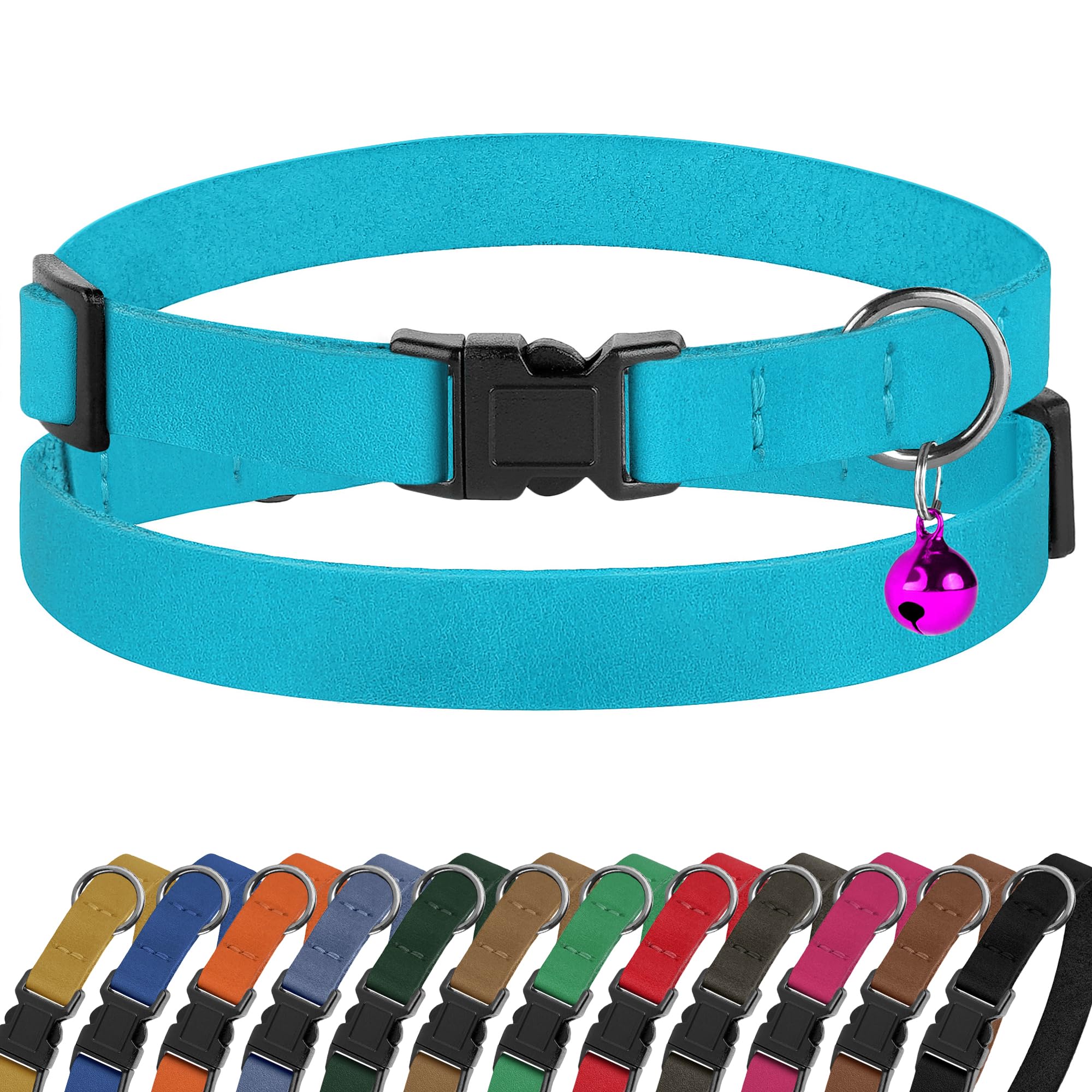 Breakaway Cat Collar Leather with Removable Bell - 13 Colors Available - Soft Adjustable Girl Boy Safety Lightweight Pet Kitten Collars Pink Brown Blue Green Red Orange Black (Aquamarine)