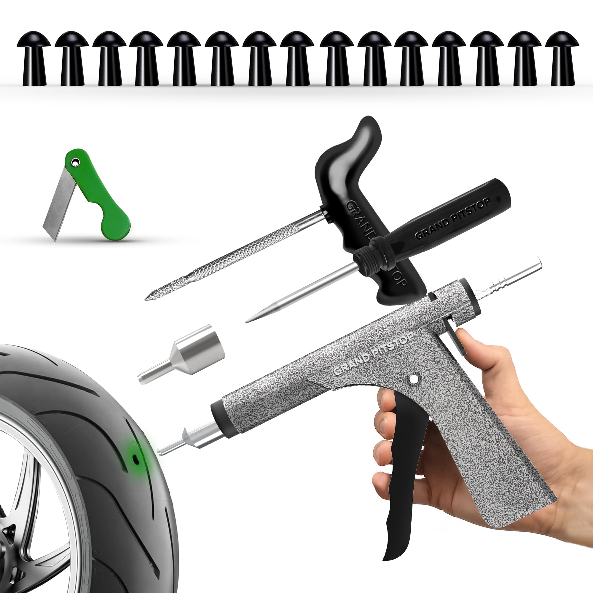 GRAND PITSTOP Kit de reparación de pinchazos de pistola de neumáticos sin cámara con tapón de hongo para pinchazos de neumáticos y desinflados en coches, motocicletas, ATV, camiones y tractores (Kit