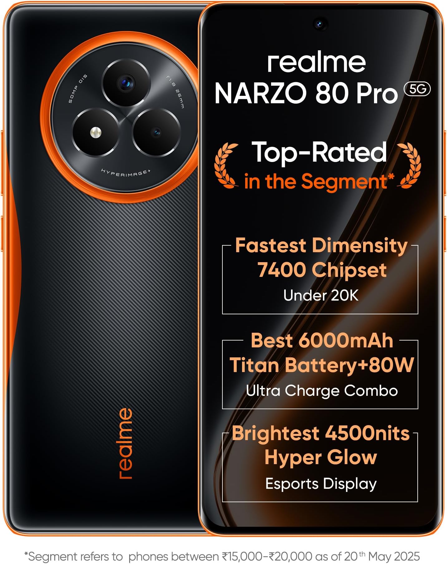 realme NARZO 80 Pro 5G (Nitro Orange,12GB+256GB) | Segment's 1st MediaTek Dimensity 7400 Chipset | 6000mAh Titan Battery + 80W Ultra Charge | 4500nits HyperGlow Esports Display | IP69 Waterproof