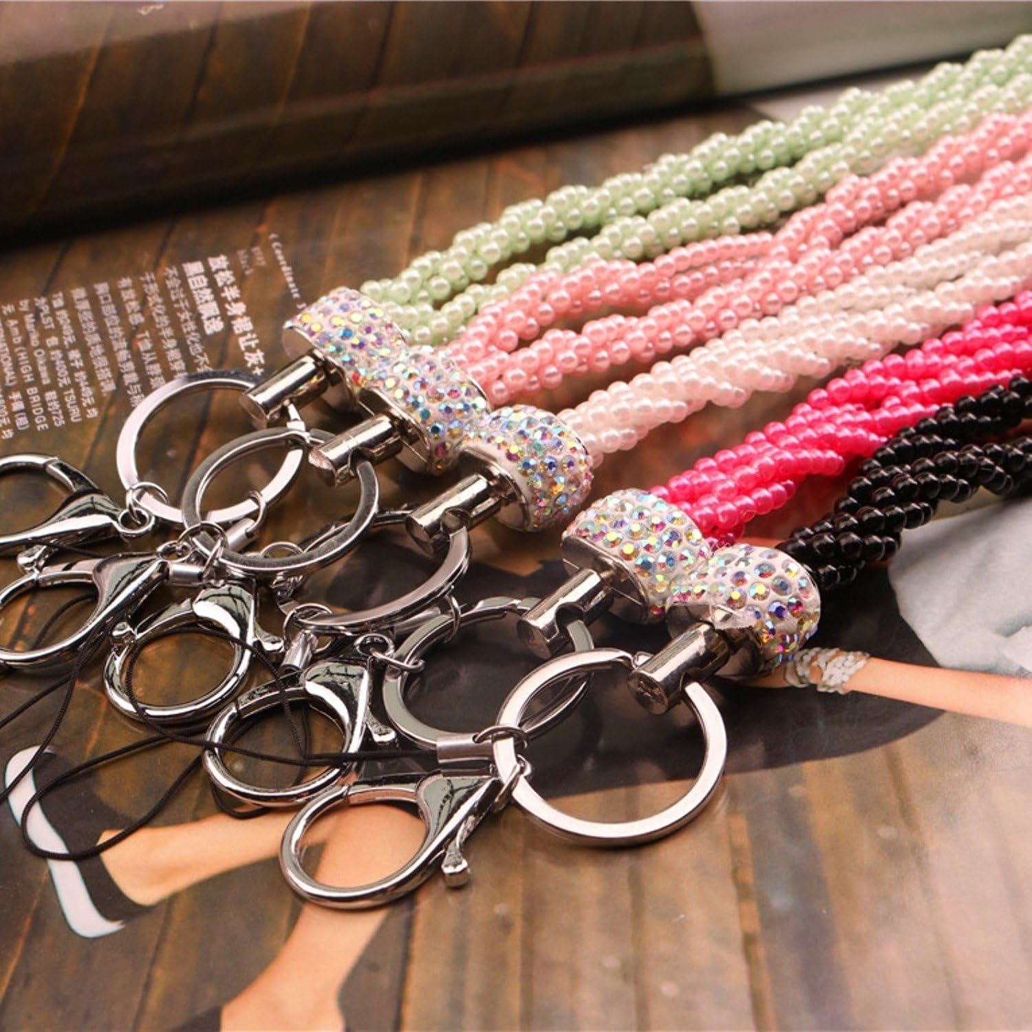 Bling Crystal Pearl Neck Lanyard Strap For Id Badge Holder Key Mobile Phone Lobster Clasp Lanyards Keys