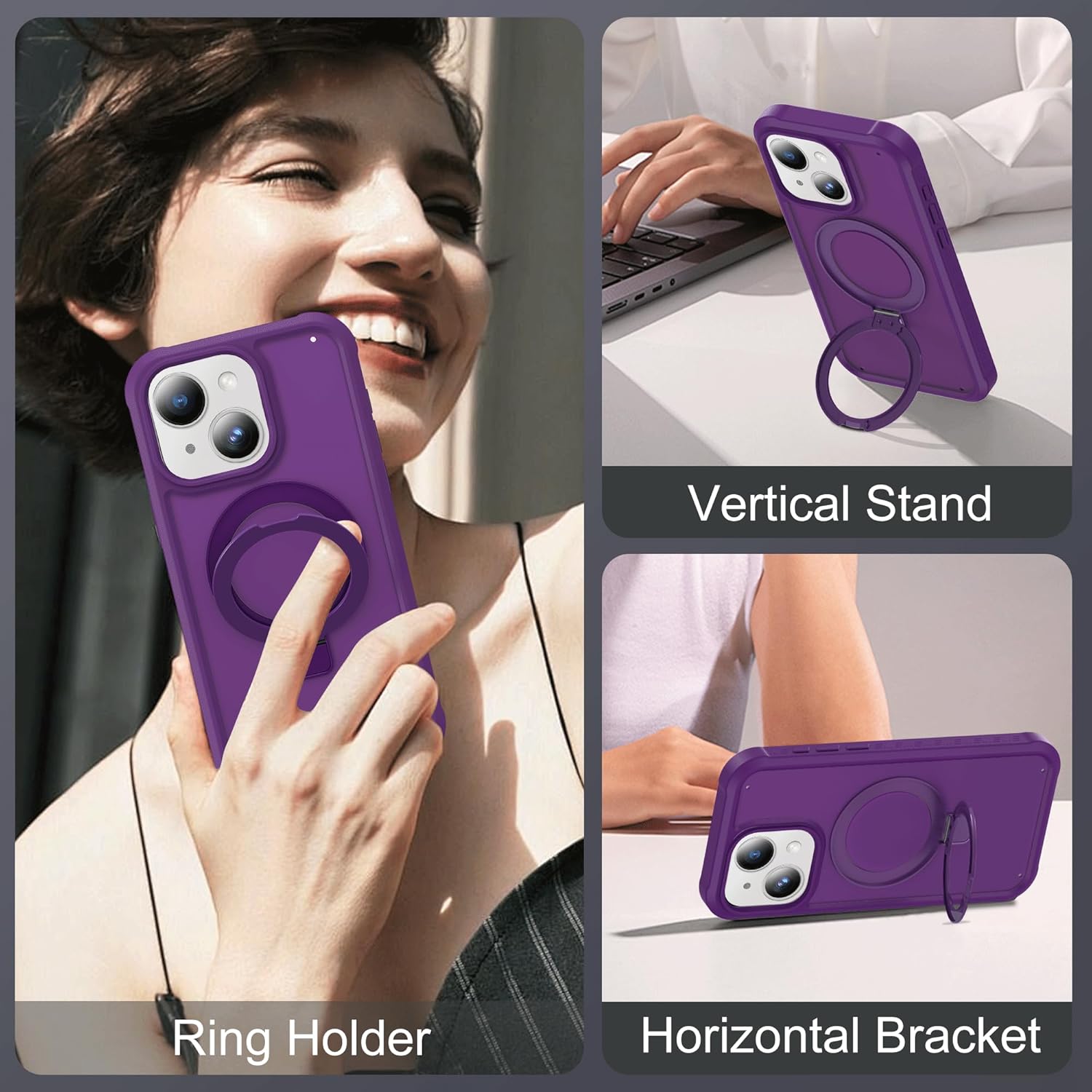 Compatible with iPhone 14/13 Case with Magnetic Ring Stand [Compatible with Mag-Safe] [Built-in Screen Protector] Military-Grade Drop Protection Matte Translucent Phone Case, Dark Purple