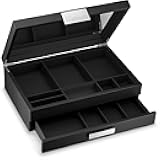 Mens Valet/Dresser Organizer - Luxury 12 Slot Jewelry Accessories Box, Carbon Fiber Design, Drawer Tray, Metal Buckle & Large Mirror for Men’s Watches, Sunglasses, Wallet - Pu Leather Black