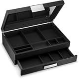 Mens Valet&sol;Dresser Organizer - Luxury 12 Slot Jewelry Accessories Box&comma; Carbon Fiber Design&comma; Drawer Tray&comma; Metal Buckle & Large Mirror for Men’s Watches&comma; Sunglasses&comma; Wallet - Pu Leather Black