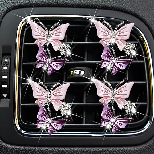 Maitech - Ambientadores de aire de automóvil para mujer, 4 piezas de bonitos ambientadores de doble mariposa con diamantes de imitación, clip de