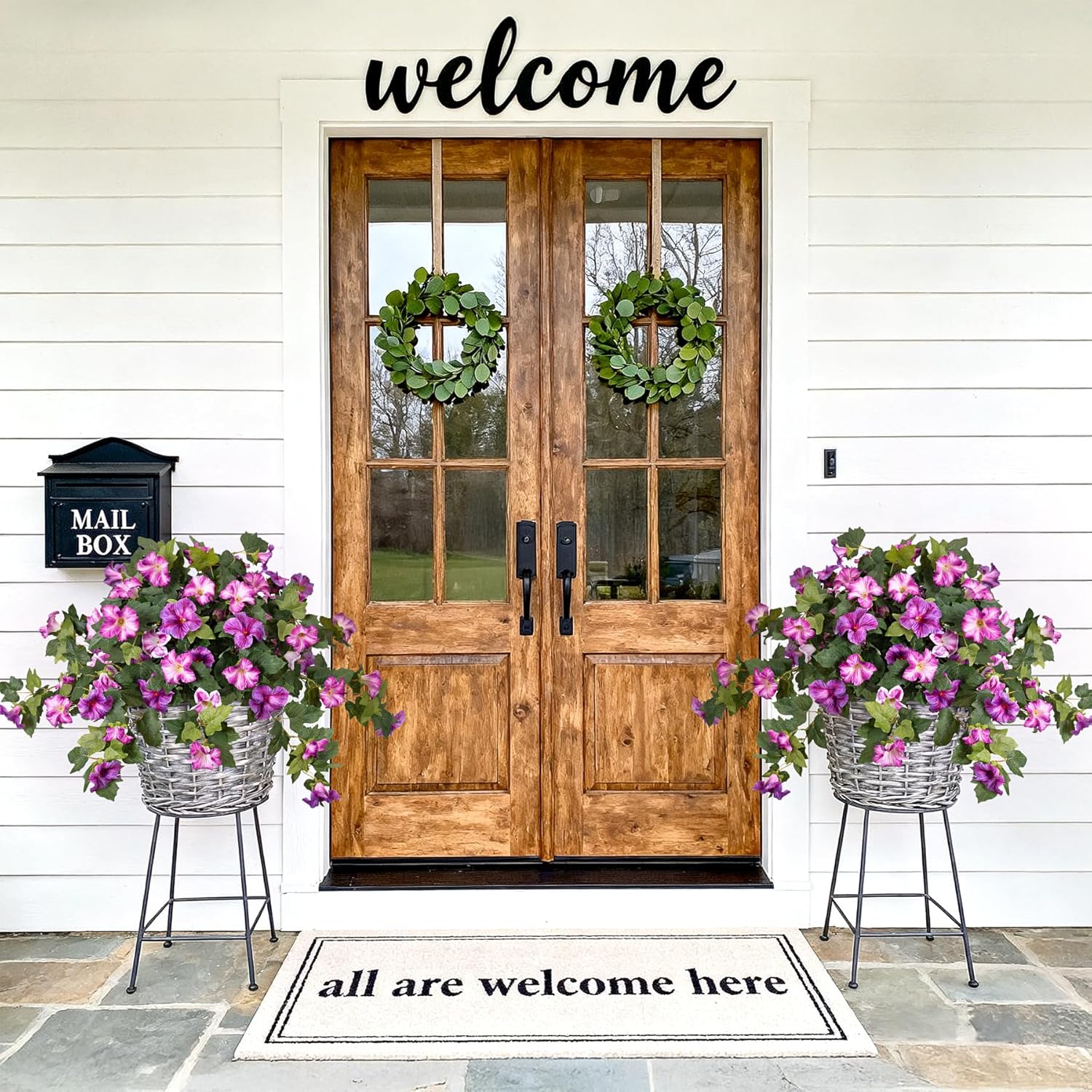 2PCS Artificial Petunia Flowers for Outdoors, Fake Flowers for Outdoor Planters UV Resistant Faux Silk Petunias for Garden Porch Yard Balcony Patio Realistic Home Kitchen Decor(Gradient Purple) - Image 2