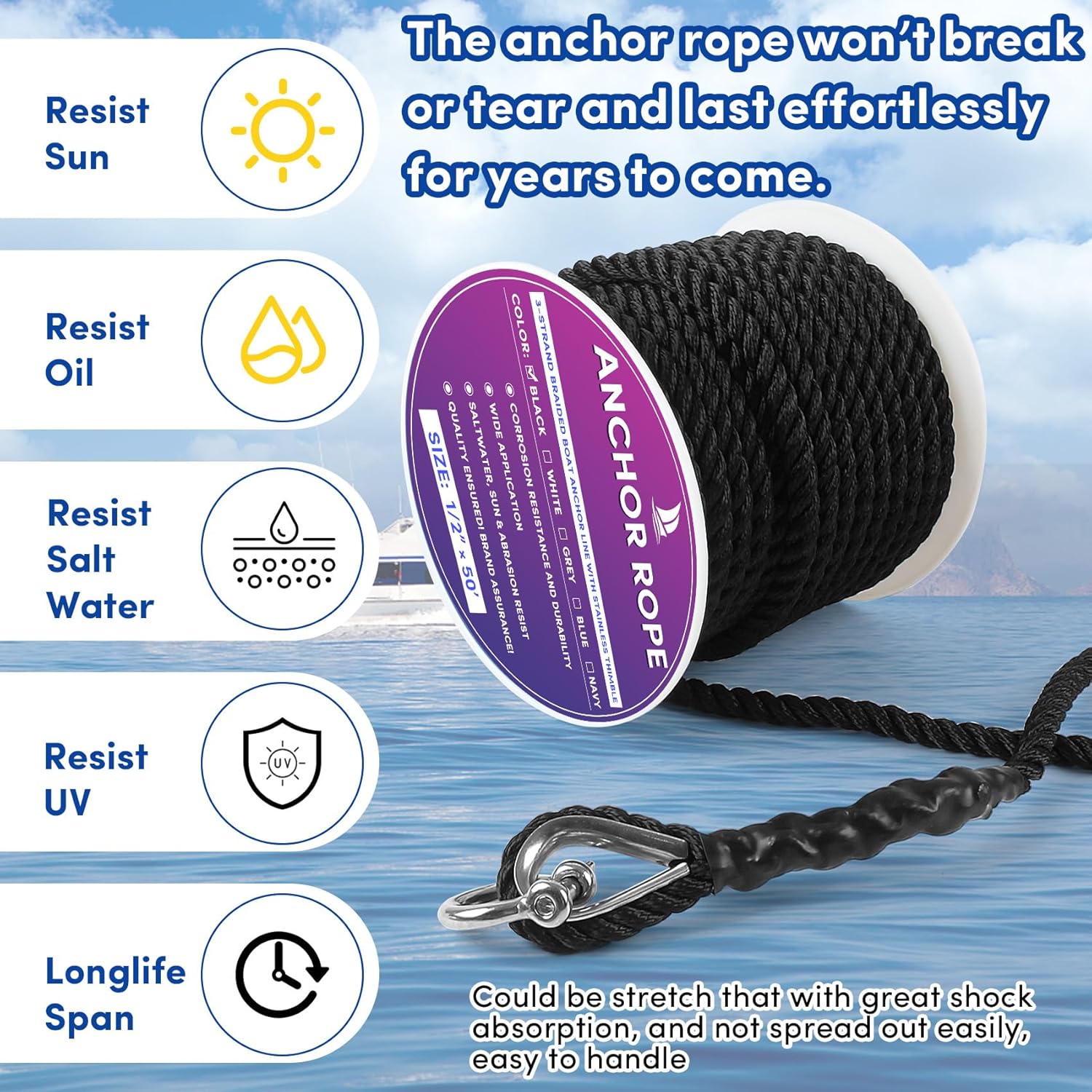 Anchor Rope 50 ft x 1/2 inch Black, 3 Strand Anchor Line Boat Rope with Stainless Steel Thimble & Shackle Ideal for Towing,Docking,Boats,Mooring,Anchoring,for Boats Up to 35' - Image 5