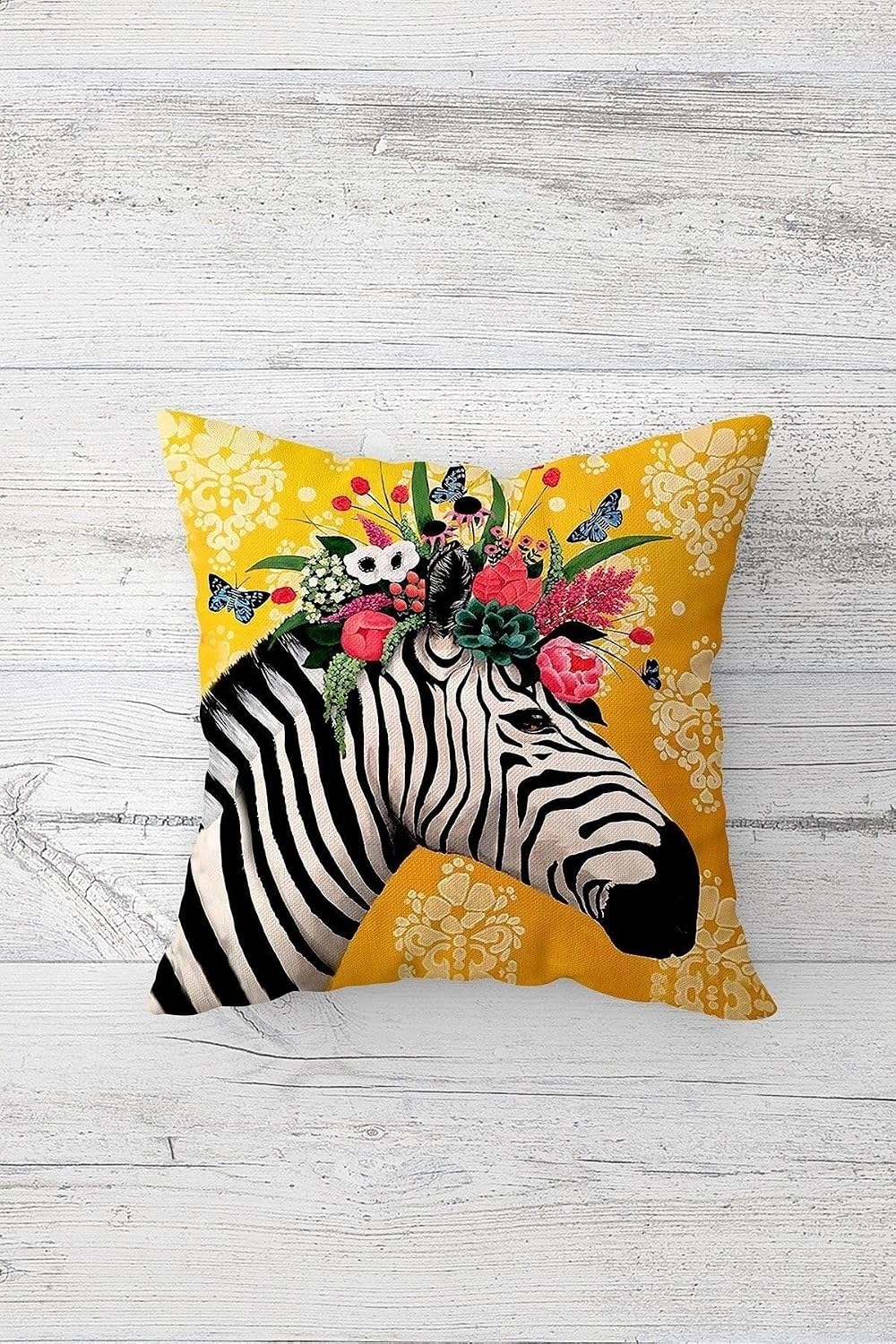 Pelangi Tepesi Çiçekli Zebra Çift Tarafı Baskılı Gizli Fermuarlı Yastık Kılıfı Kırlent Koltuk Yastık Kılıfı, sarı 45 x 45, 24691134645451