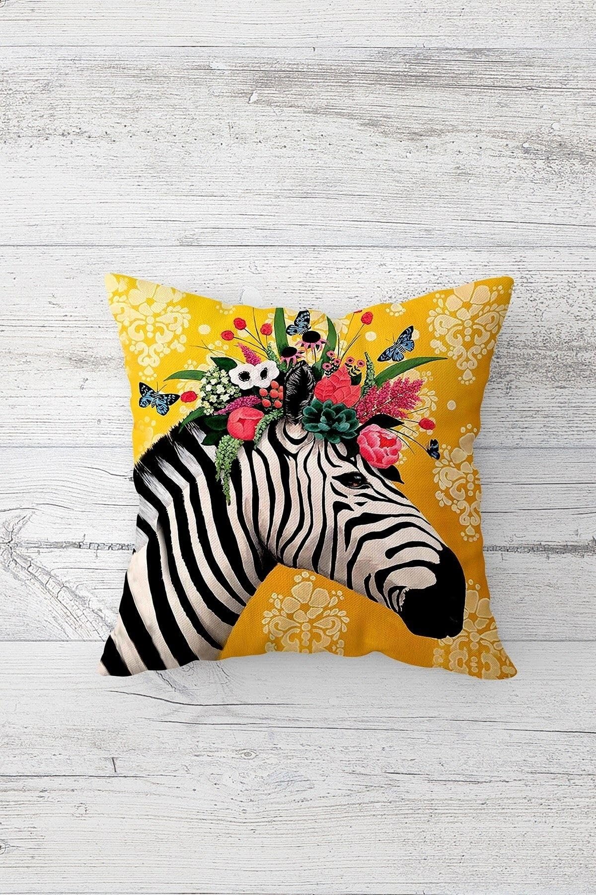 Pelangi Tepesi Çiçekli Zebra Çift Tarafı Baskılı Gizli Fermuarlı Yastık Kılıfı Kırlent Koltuk Yastık Kılıfı, sarı 45 x 45, 24691134645451