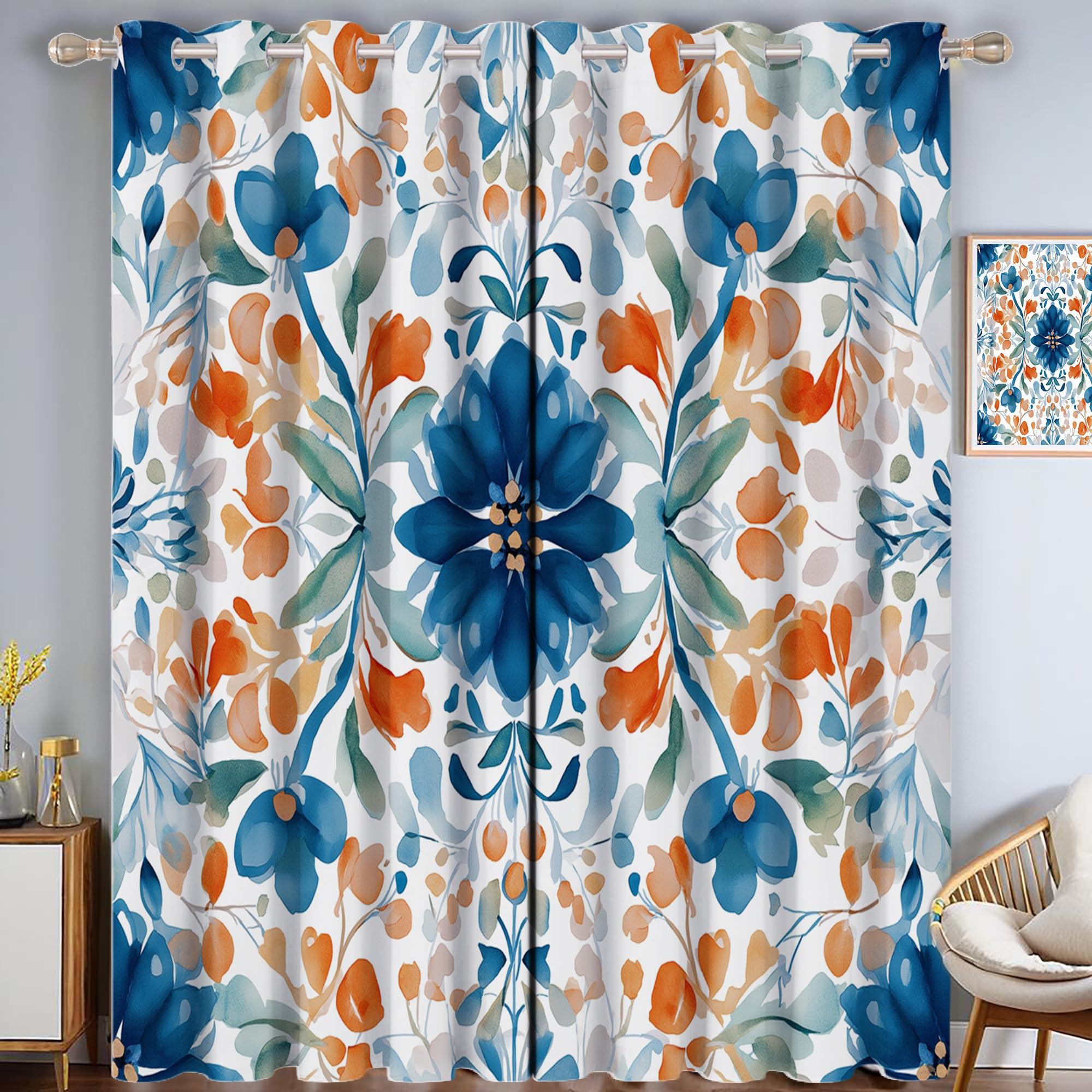 Rideau occultant bleu motif floral aquarelle 140x160cm lot de 2