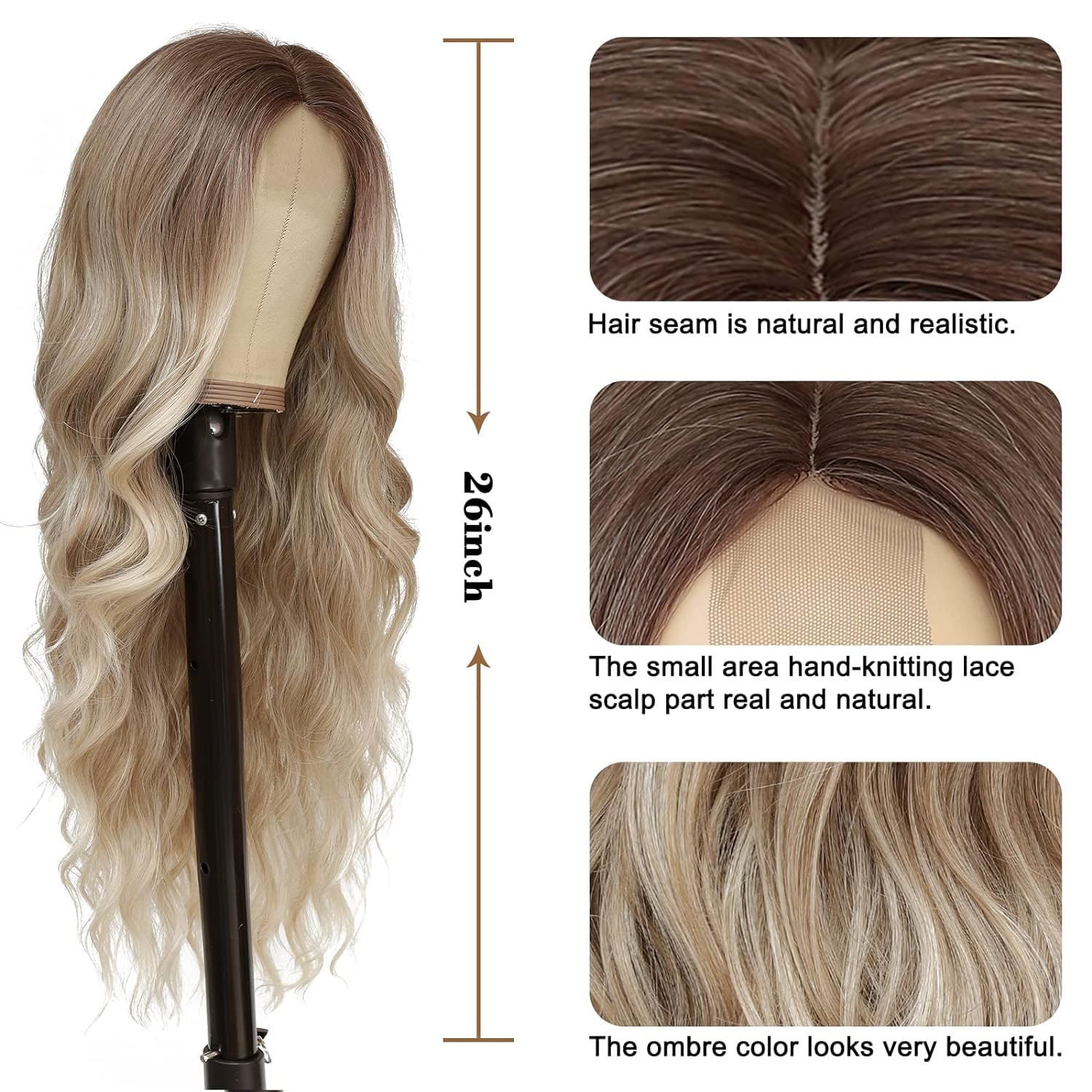 PORSMEER Long Blonde Wavy Wig for Women -Lace Middle Part Curly Synthetic Heat Resistant Fiber Wig for Daily Party Use (Ombre Blonde) 26 Inch - Image 3