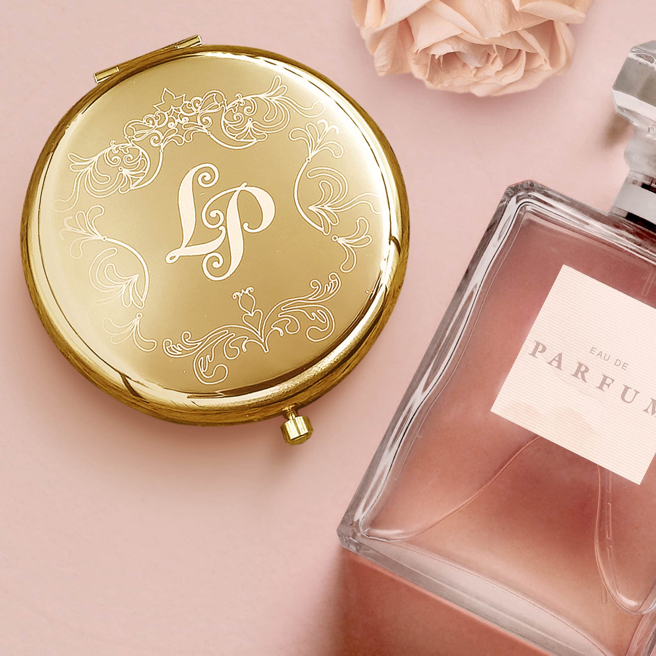Taschenspiegel Handspiegel mit Gravur Farbe Roségold aus Edelstahl mit Vergrößerungsspiegel